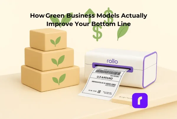 Minimalist 3D scene showing three eco‑friendly boxes beside a white‑and‑purple Rollo wireless printer actively printing a shipping label, with floating green leaves and dollar‑sign arrows symbolizing sustainable profit growth.